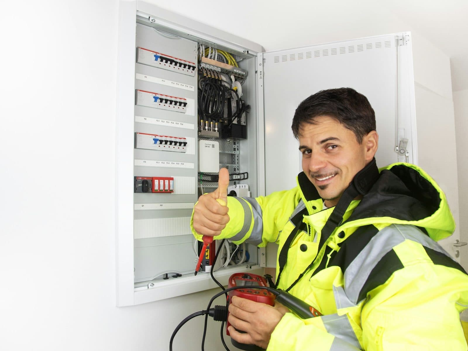 Électricien souriant devant un panneau électrique